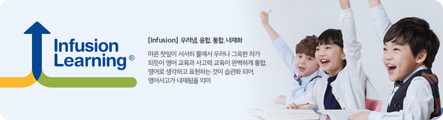 Infusion Learning [Infusion] 우려냄, 융합, 통합, 내재화 마른 찻잎이 서서히 물에서 우러나 그윽한 차가 되듯이 영어 교육과 사고력 교육이 완벽하게 통합,  영어로 생각하고 표현하는 것이 습관화 되어, 영어사고가 내재됨을 의미